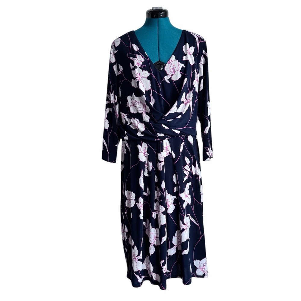 Adrianna Papell Blue and White Wrap Dress with V-Neck